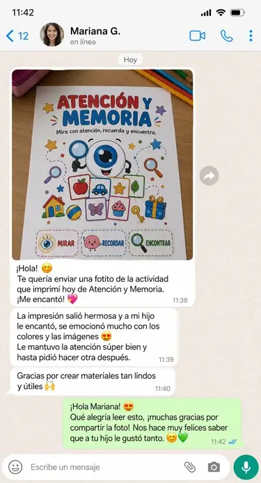 Conversación de WhatsApp donde una madre comparte la foto impresa de la actividad Atención y Memoria y dice que le encantó