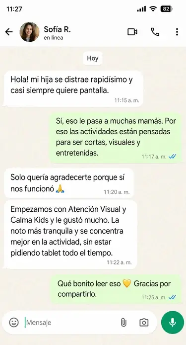 Conversación de WhatsApp donde una madre dice que su hija pedía tablet y con MentePlay está más tranquila y se concentra mejor