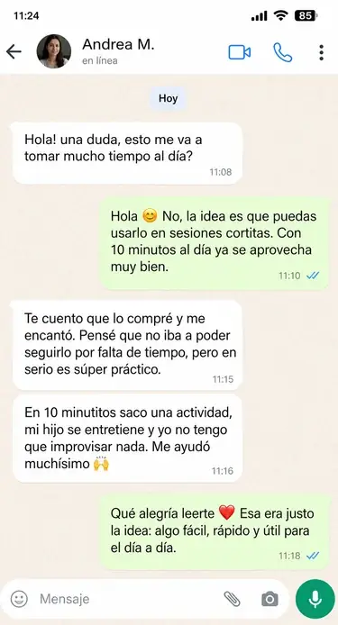 Conversación de WhatsApp donde una madre dice que pensó que le tomaría mucho tiempo pero descubrió que con 10 minutos al día es práctico